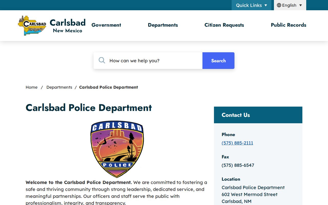 Artesia Police Department official service and contact page