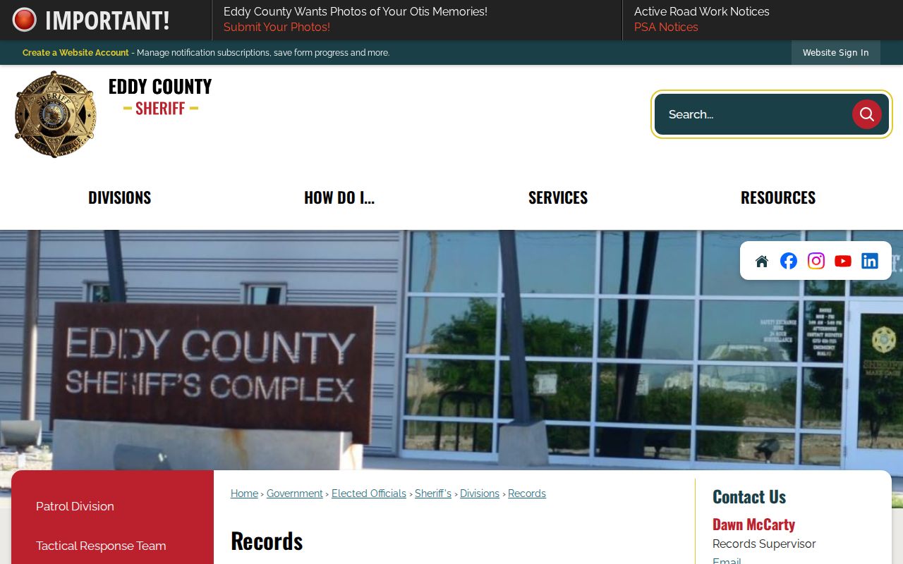 Eddy County Records Department contact and request page